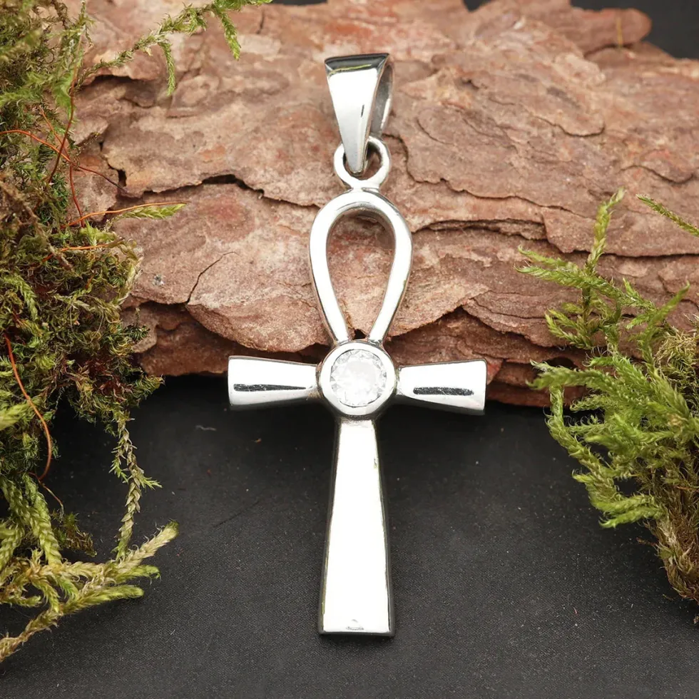 Ankh mit weißem Zirkonia 925 Silber Kettenanhänger