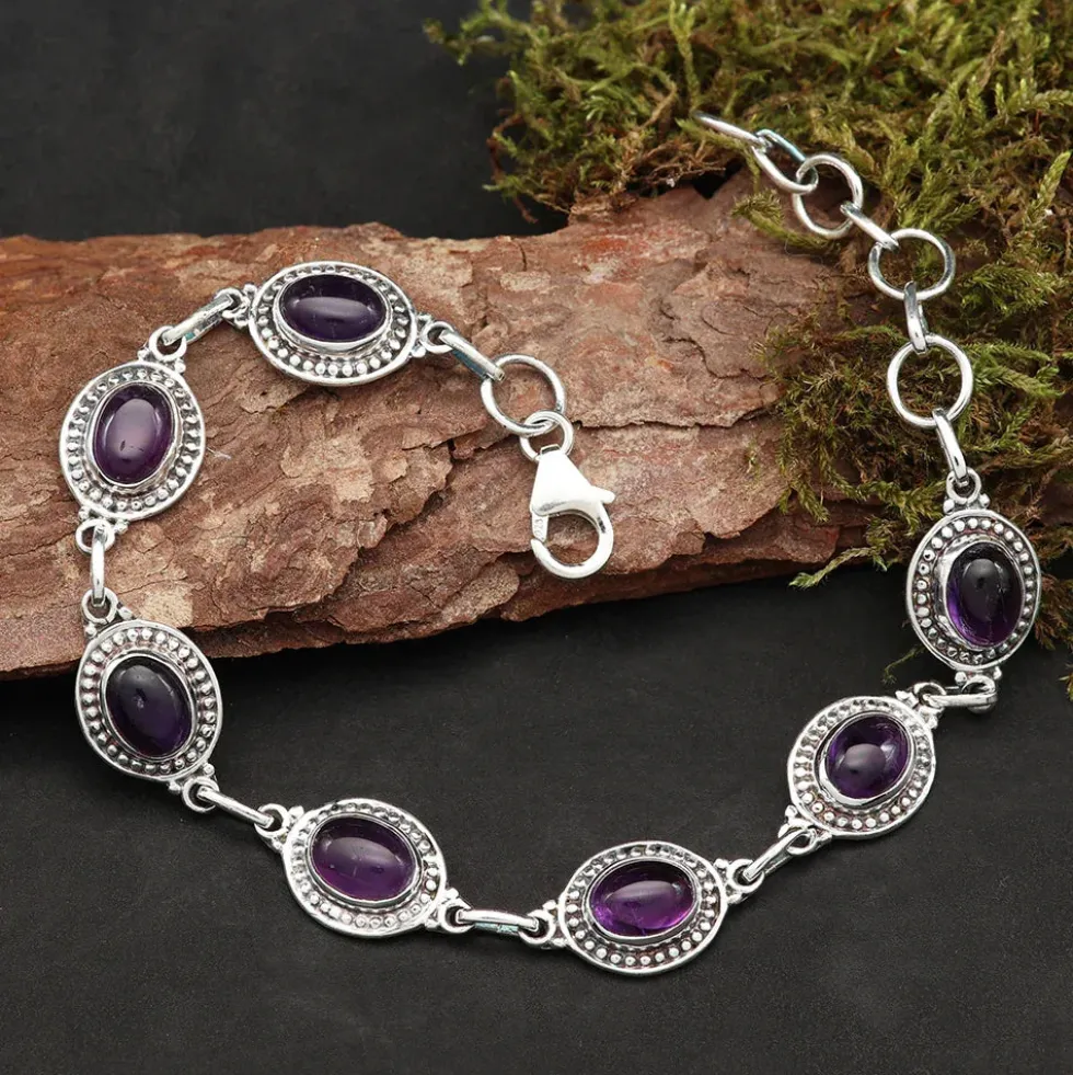 Armband Amethyst Edelstein oval Carbochon edles Damen Armschmuck 925 Silber