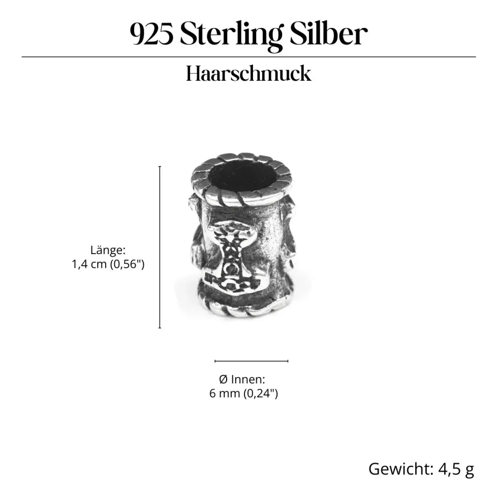 Bartperle 925 Silber Thor Hammer Bartschmuck 6mm innen