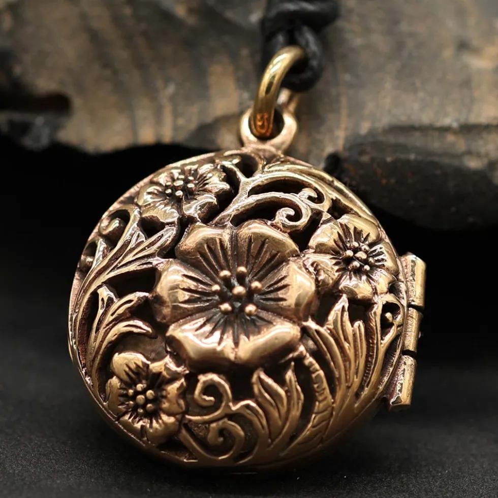 Blume Medaillon Schmuck Anhänger Bronze zum Öffnen