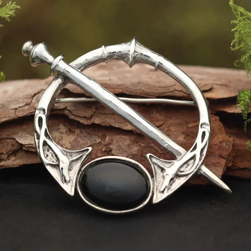 Brosche Fibel Onyx Silberschmuck 925 Silber