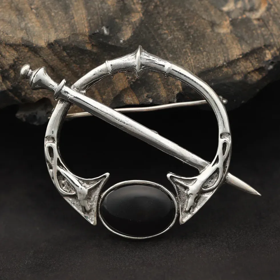 Brosche Fibel Onyx Silberschmuck 925 Silber