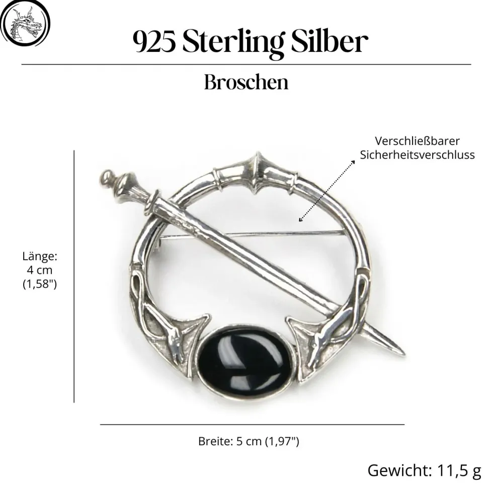 Brosche Fibel Onyx Silberschmuck 925 Silber