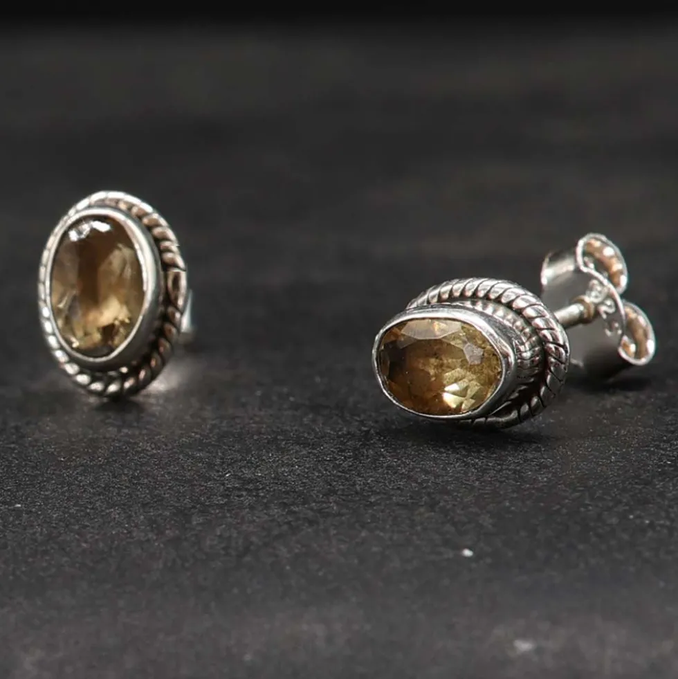 Damen Ohrstecker Edelstein Citrin oval 925er Silber Ohrschmuck (Paar)