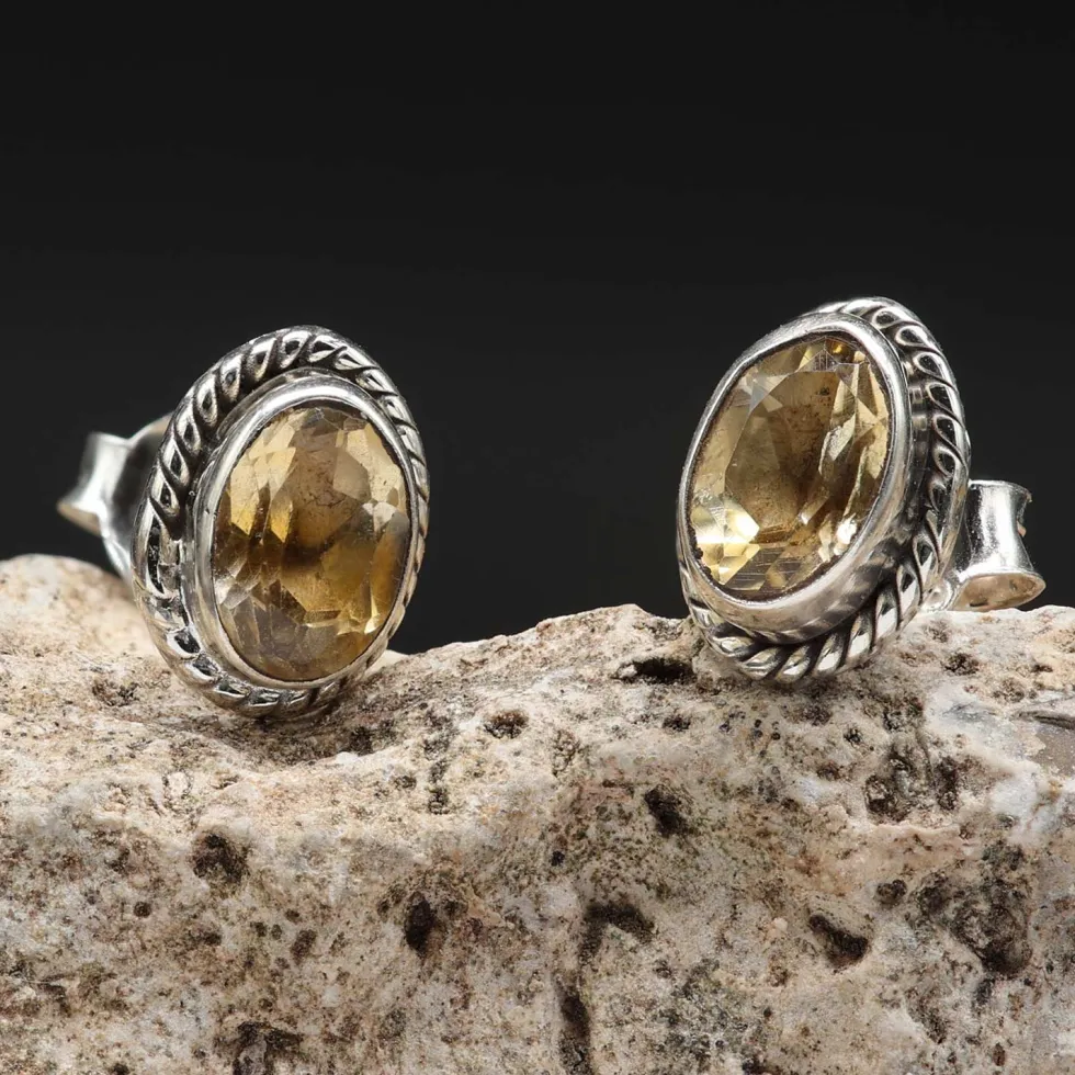 Damen Ohrstecker Edelstein Citrin oval 925er Silber Ohrschmuck (Paar)