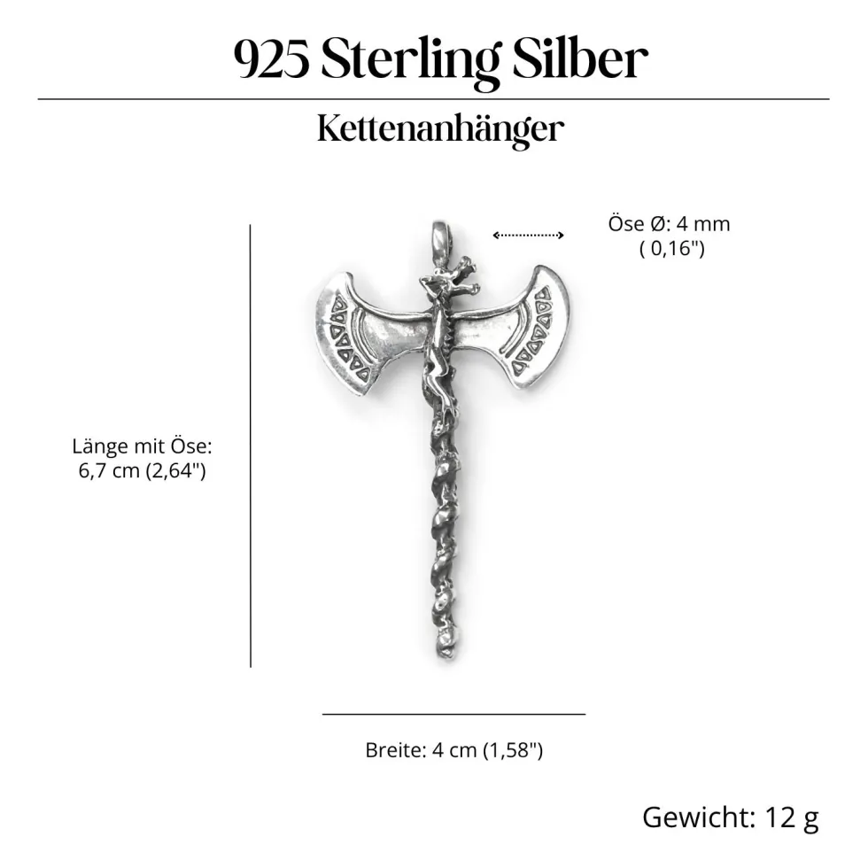 Doppelaxt mit Drachenkopf Schmuck Anhänger Silber Axt 925 Silber
