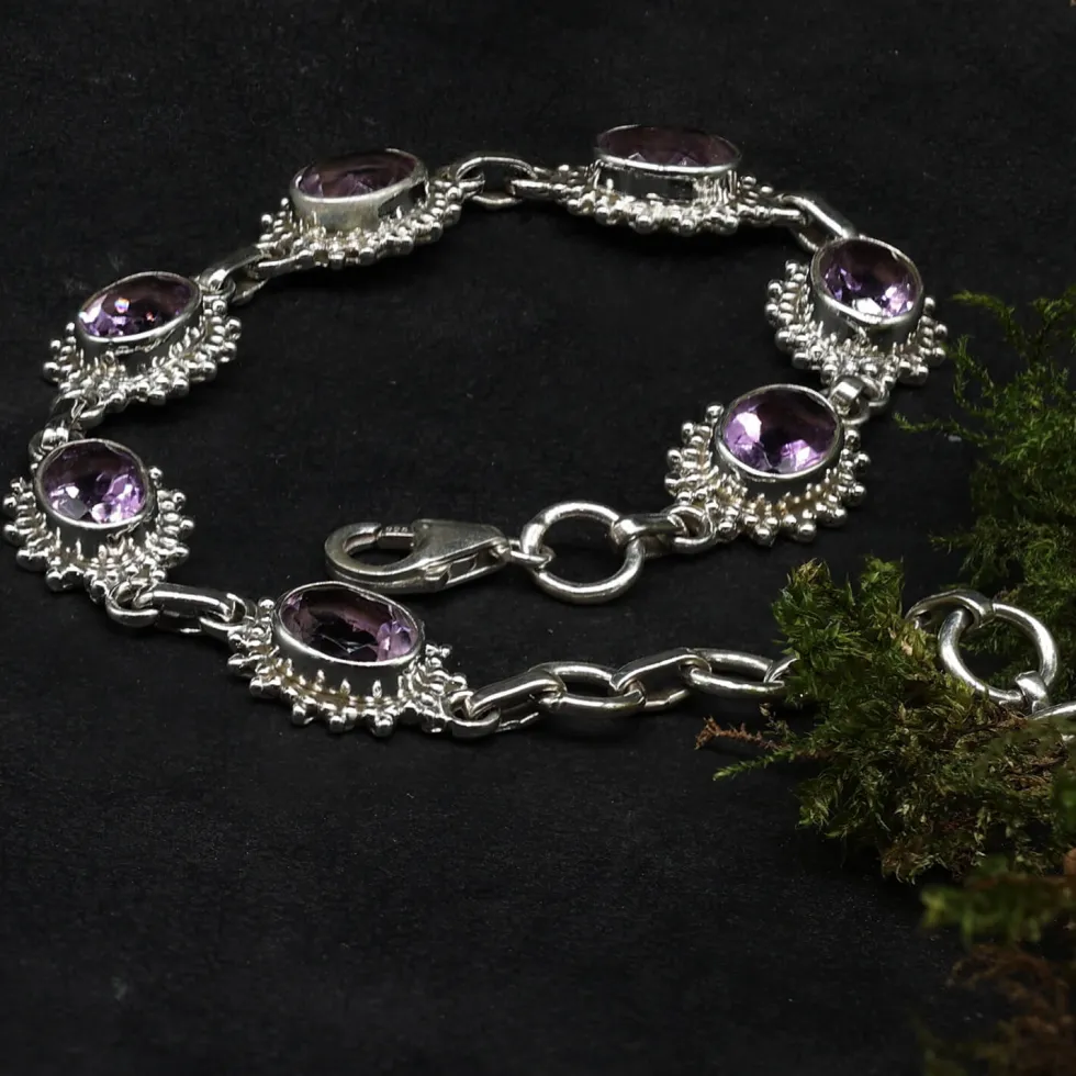 Edelstein Armschmuck 925 Silber Amethyst Oval verziert Facettenschliff edles Damen Armschmuck