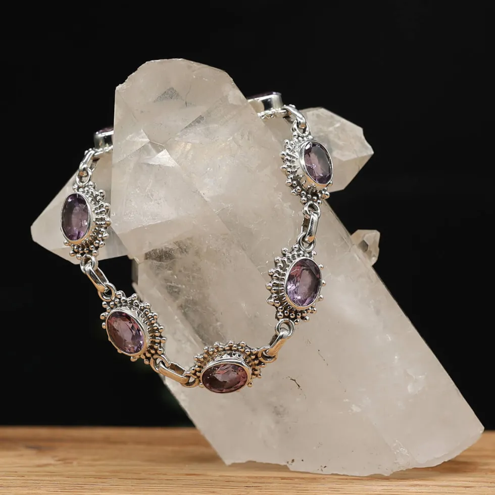 Edelstein Armschmuck 925 Silber Amethyst Oval verziert Facettenschliff edles Damen Armschmuck