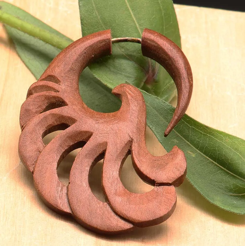 Fächer Holz Ohrschmuck Fake Piercing rotes Holz (Paar)