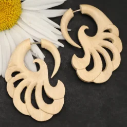 Fächer Holzschmuck Ohrschmuck Fake Piercing weißes Holz (Paar)