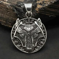 Fenris Wolf Anhänger mit Runen Schmuck 925 Silber Kettenanhänger