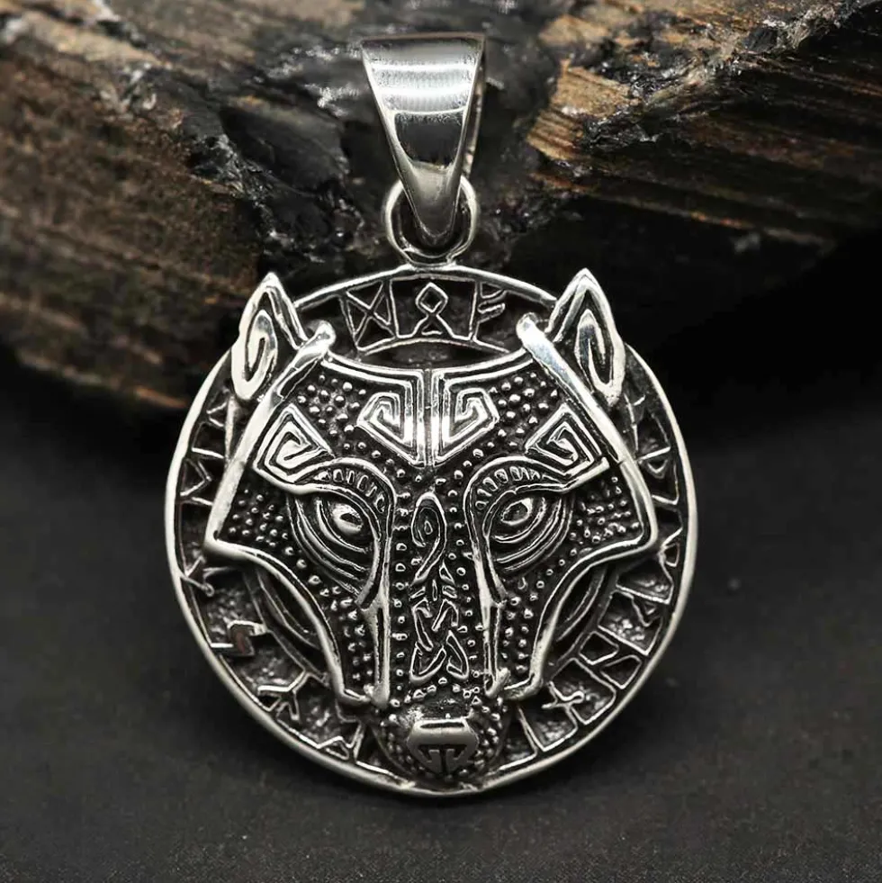 Fenris Wolf Anhänger mit Runen Schmuck 925 Silber Kettenanhänger