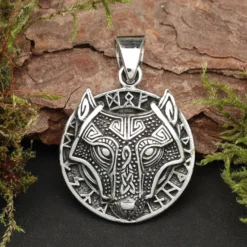 Fenris Wolf Anhänger mit Runen Schmuck 925 Silber Kettenanhänger