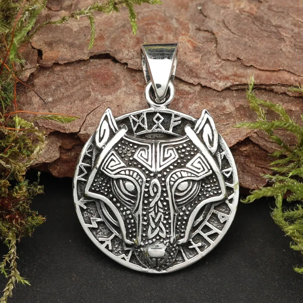 Fenris Wolf Anhänger mit Runen Schmuck 925 Silber Kettenanhänger