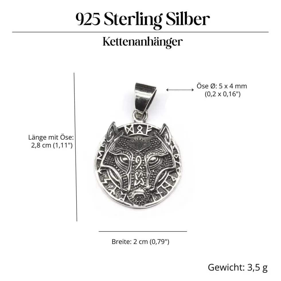 Fenris Wolf Anhänger mit Runen Schmuck 925 Silber Kettenanhänger