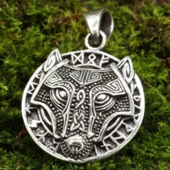 Fenris Wolf Anhänger mit Runen Schmuck 925 Silber Kettenanhänger