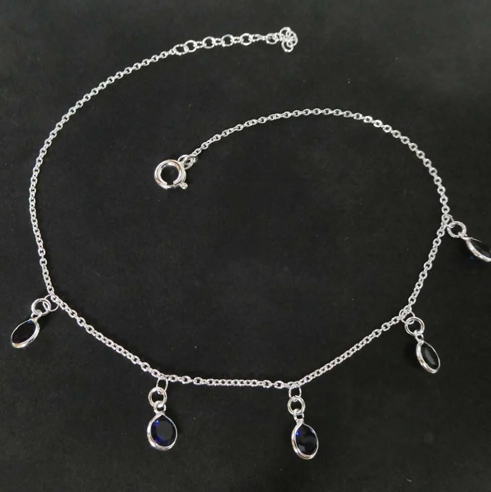 Fußkettchen mit blauen Zirkonia hängend Steinen 925 Silber