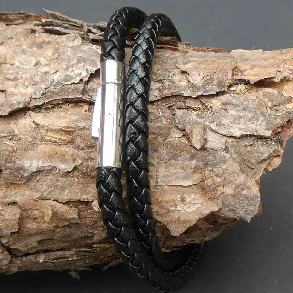 Geflochtenes Schwarzes Leder Armband mit Edelstahl Verschluss