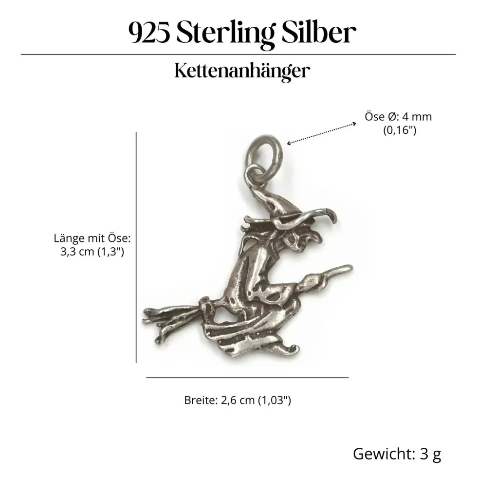 Hexe auf Besen Kettenanhänger Schmuck 925 Silber