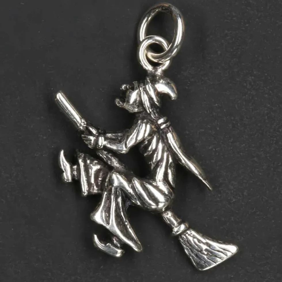 Hexe auf Besen Kettenanhänger 925 Silber Schmuck