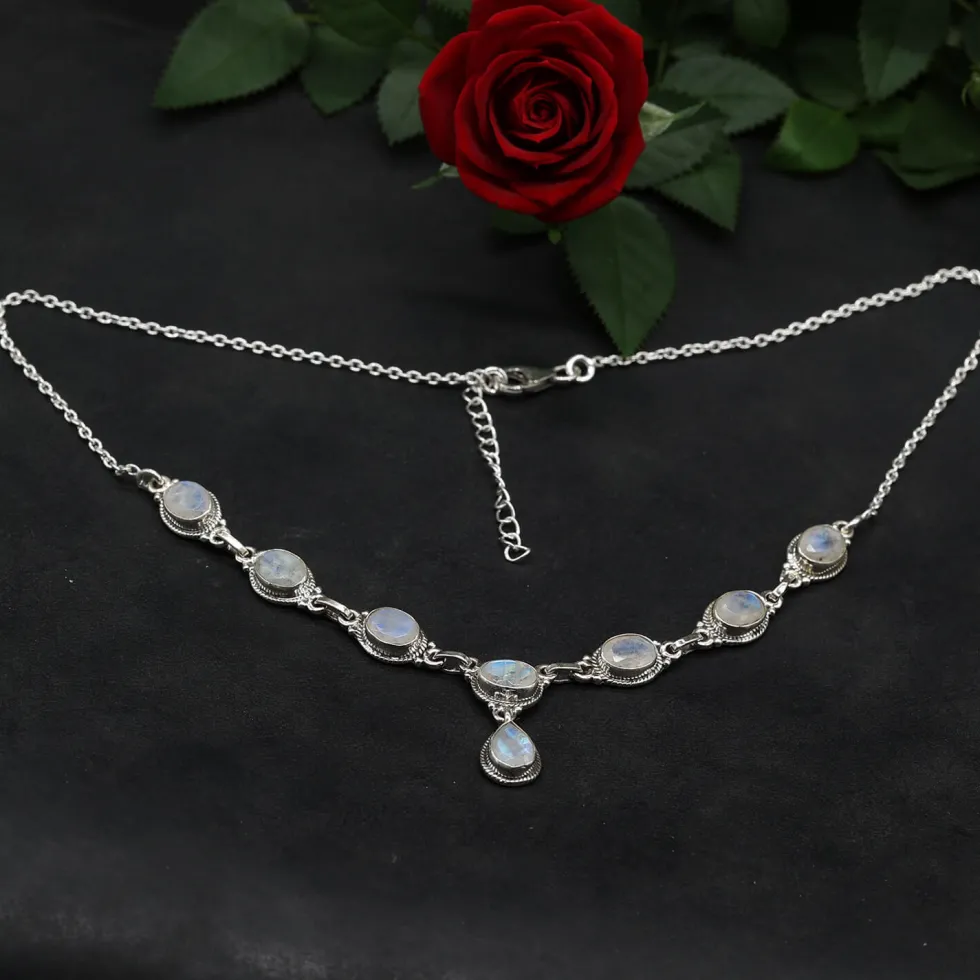Mondstein Schmuck Collier 925 Silber Damen Collier Edelstein Halskette
