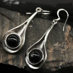 Ohrringe schwarzer Onyx modern schlicht 925 Silber Ohrhänger edel
