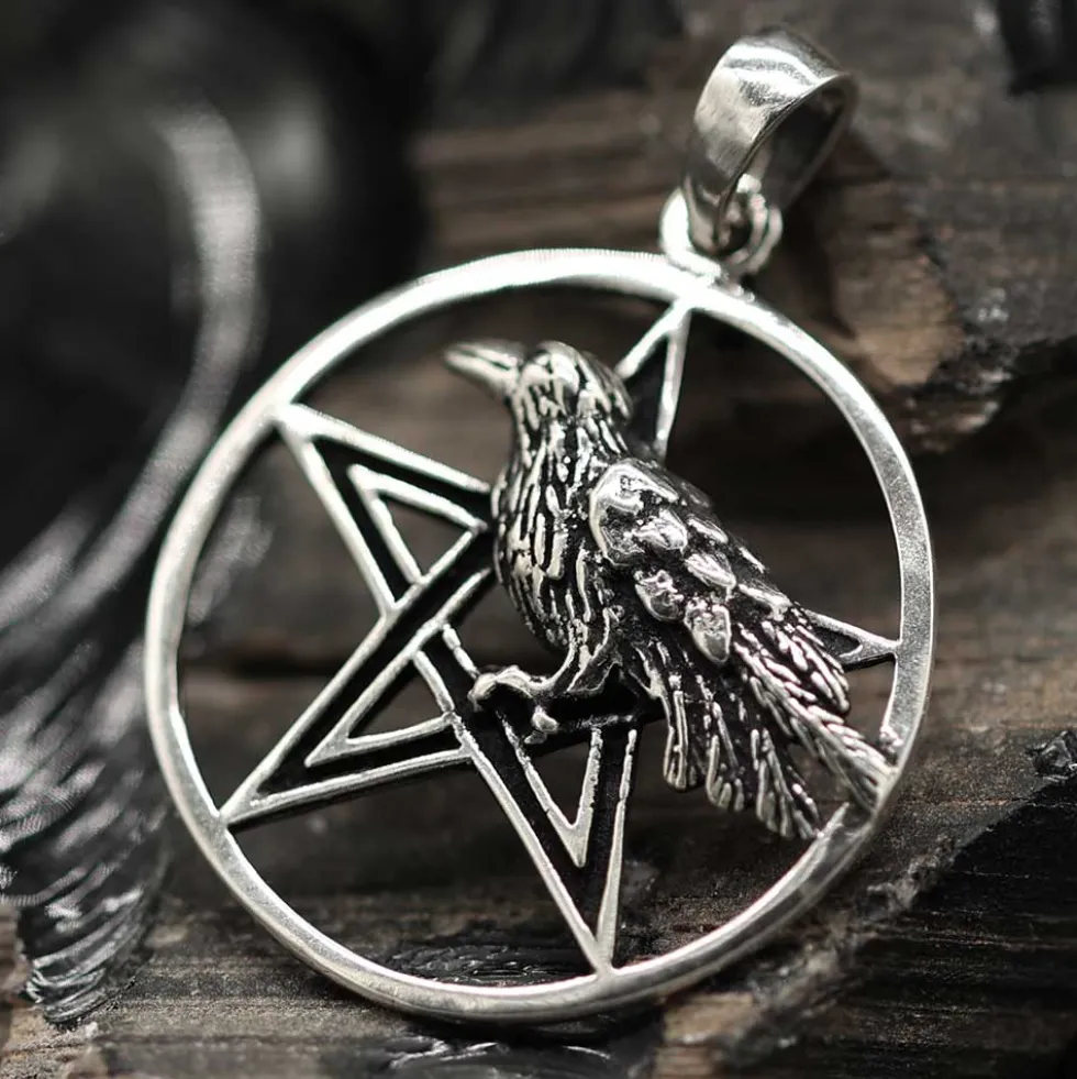 Pentagramm mit Rabe Anhänger Schmuck aus 925 Silber