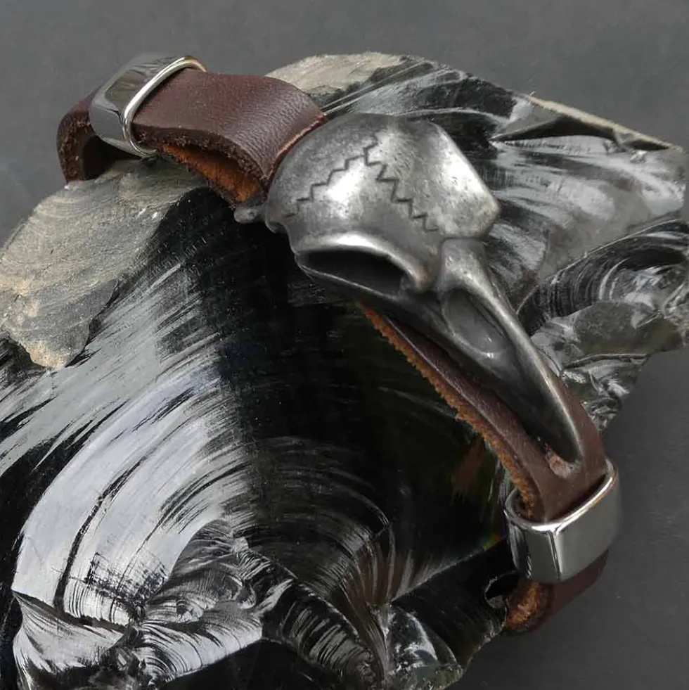 Raben Skull Armband aus Edelstahl und Leder Biker Gothic Armband