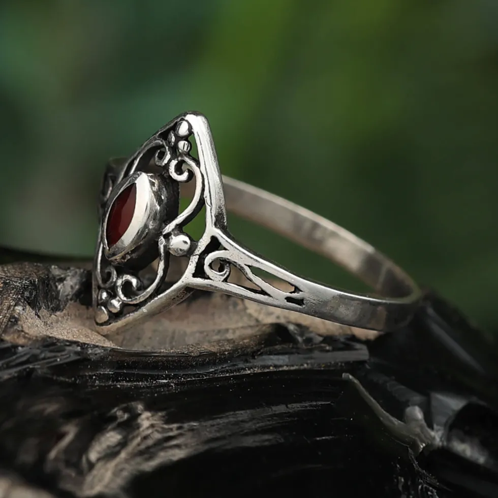 Ring Schmuck feiner Damen Silbering mit Karneol Ornament 925 Silber