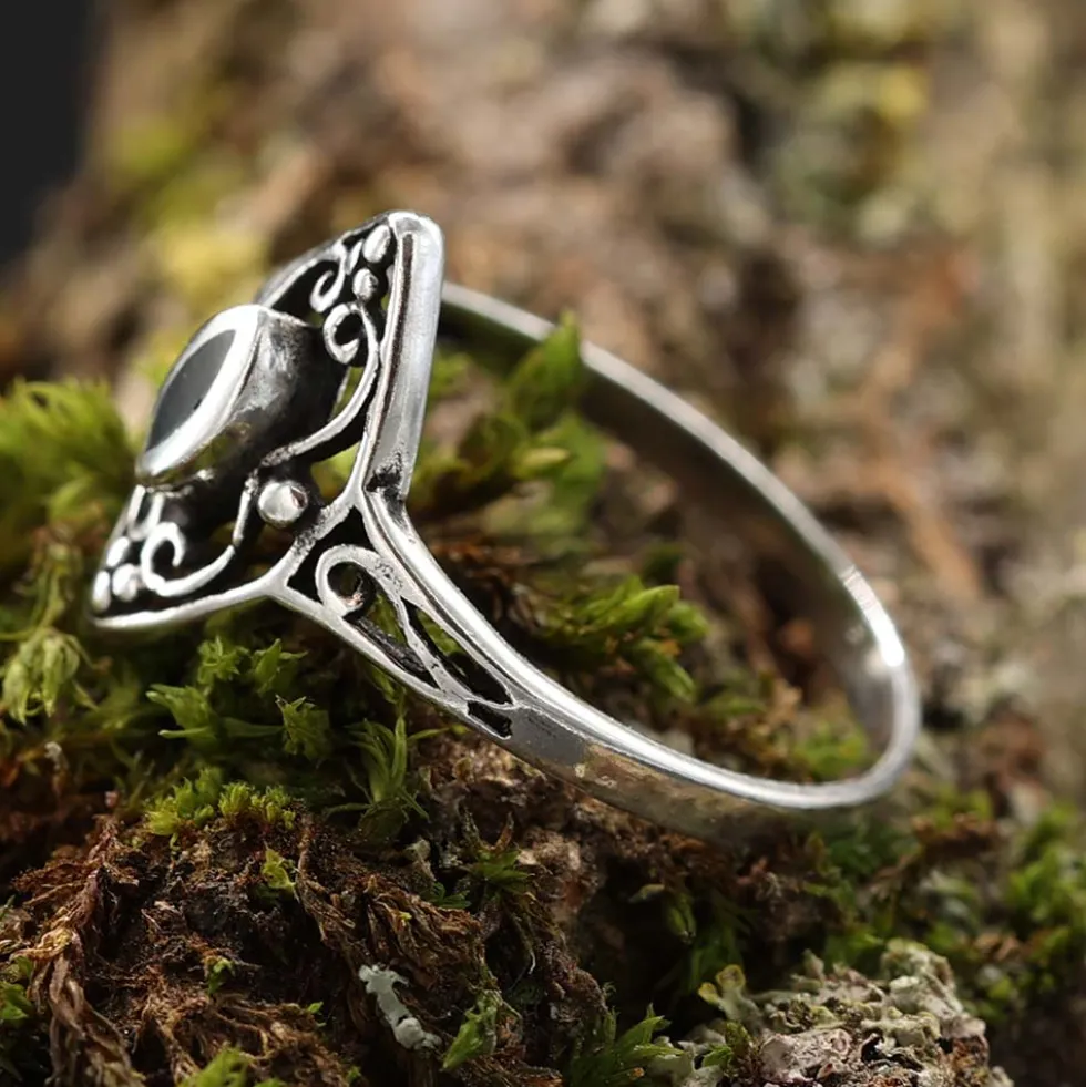 Ring Schmuck feiner Damen Silbering mit Onyx Ornament 925 Silber