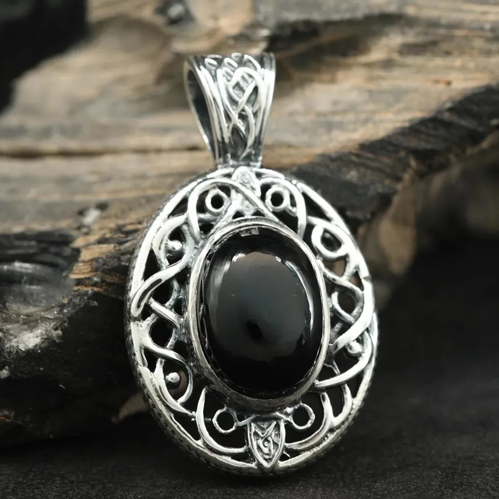 Schwarzer Onyx Anhänger Keltenknoten Edelstein 925 Silber