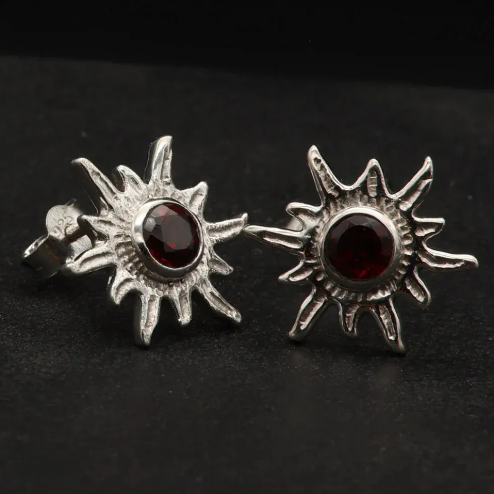 Sonne Ohrstecker Edelstein Granat 925er Silber Ohrschmuck (Paar)