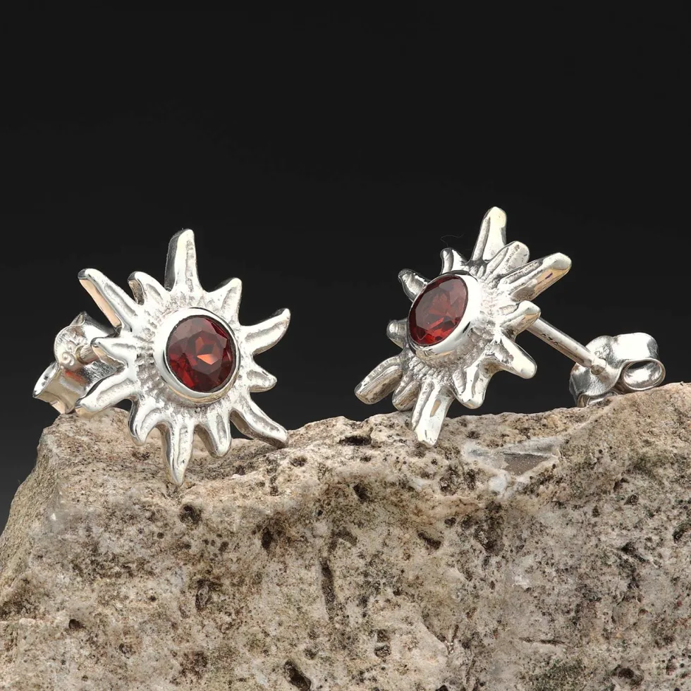 Sonne Ohrstecker Edelstein Granat 925er Silber Ohrschmuck (Paar)