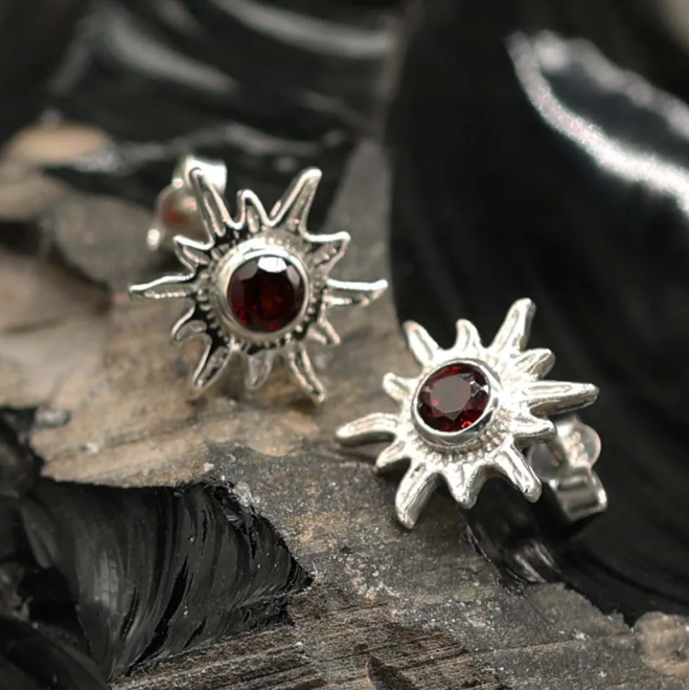 Sonne Ohrstecker Edelstein Granat 925er Silber Ohrschmuck (Paar)