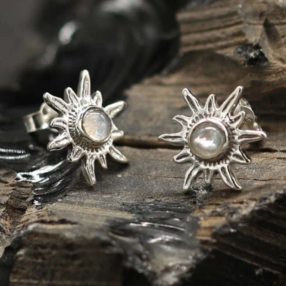 Sonne Ohrstecker Edelstein Mondstein 925er Silber Ohrschmuck (Paar)