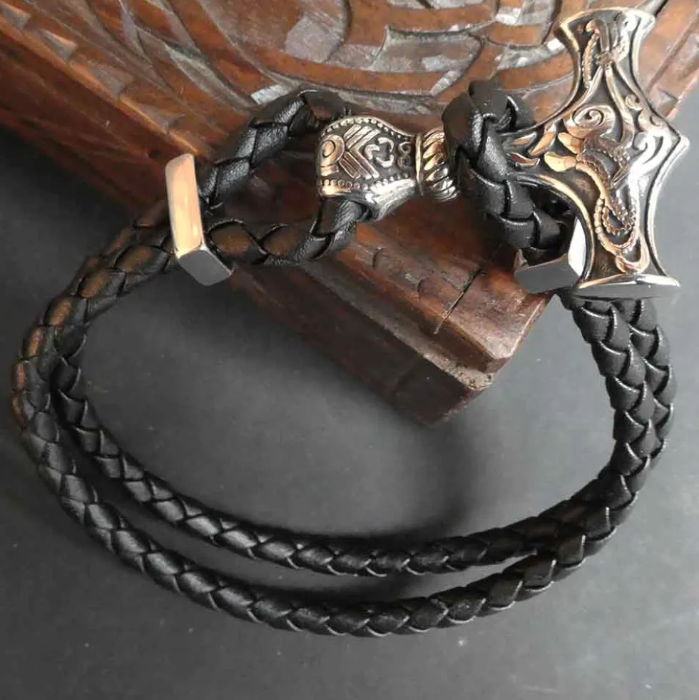 Thorshammer Armband Leder mit Edelstahl Schiebe Verschluss