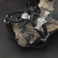 Thorshammer Armband Leder mit Edelstahl Schiebe Verschluss