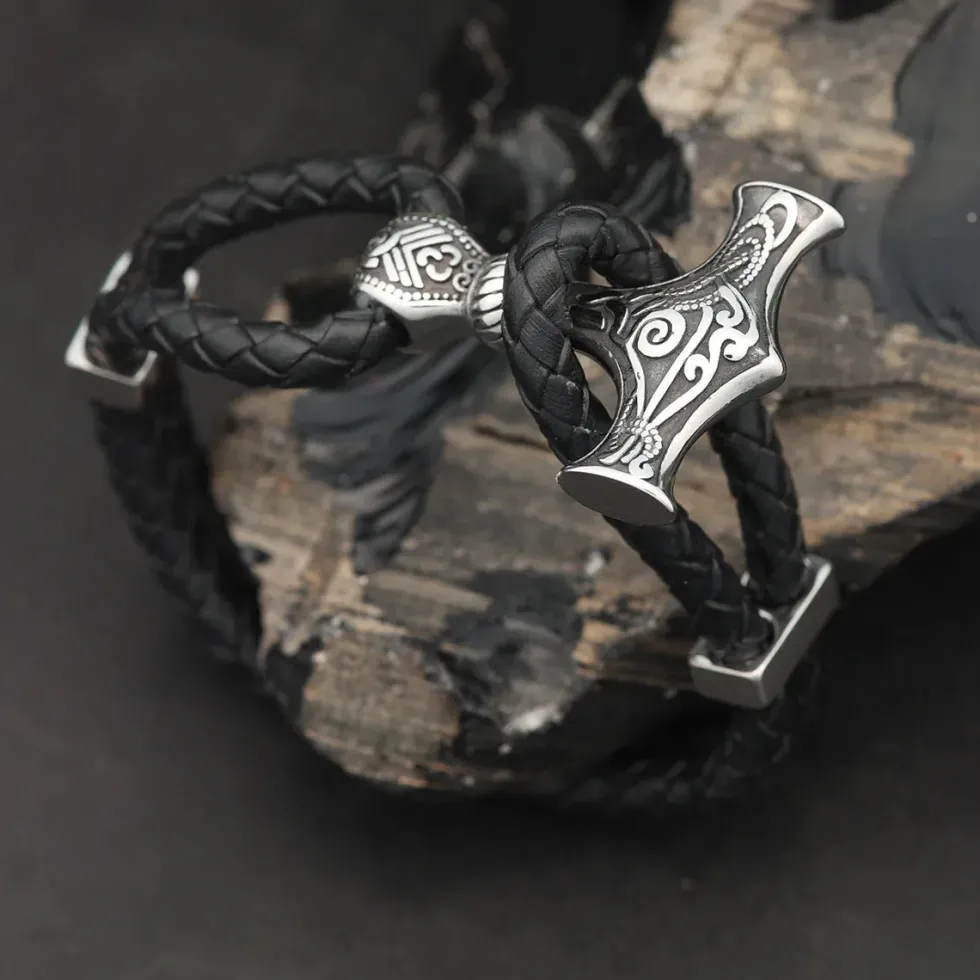 Thorshammer Armband Leder mit Edelstahl Schiebe Verschluss