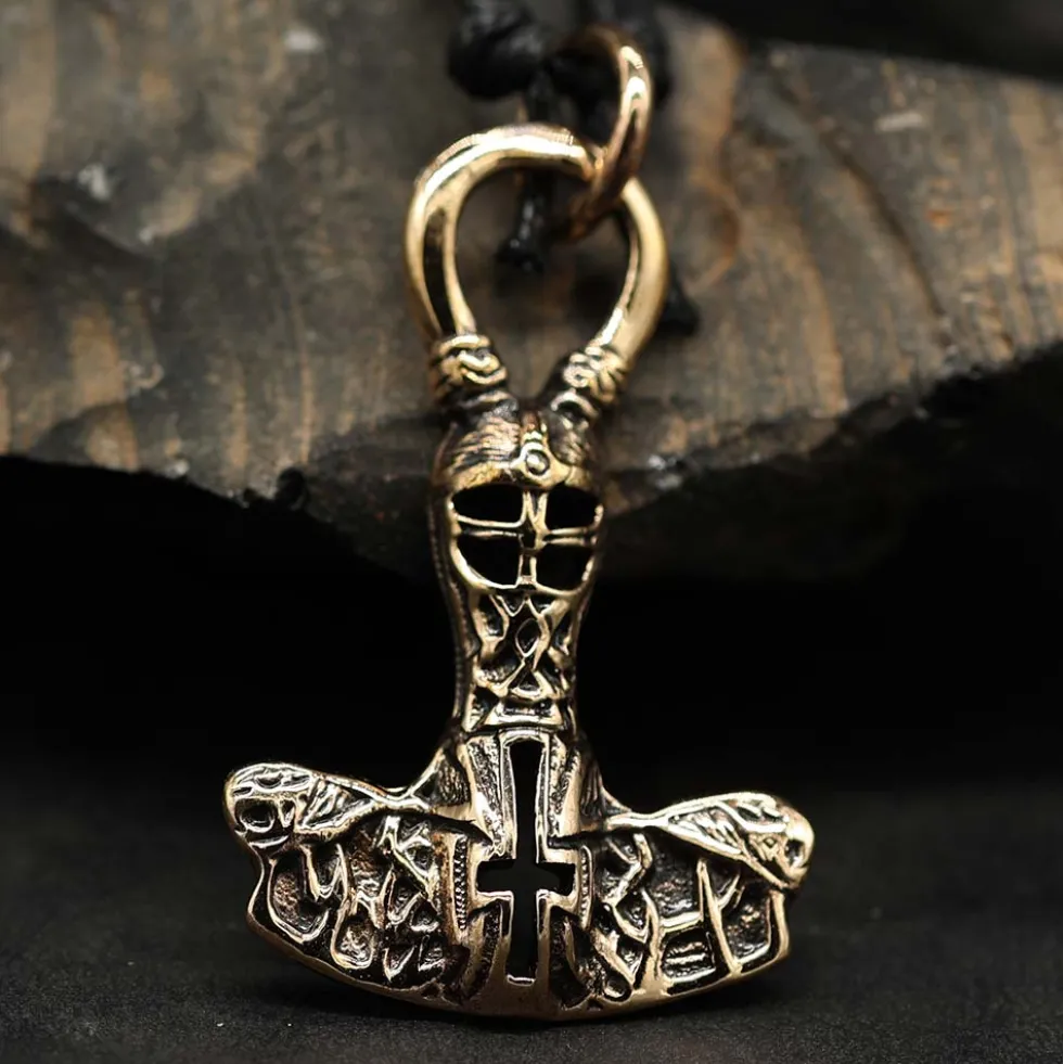 Thors Hammer Schmuck Bronze Wikinger Anhänger mit Kreuz