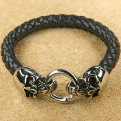 Totenkopf Edelstahl Armband mit geflochtenem Leder Edelstahl Verschluß
