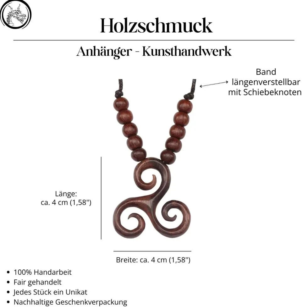 Triskele Schmuck zweifarbig gemasert Holz mit Kokos Perlen