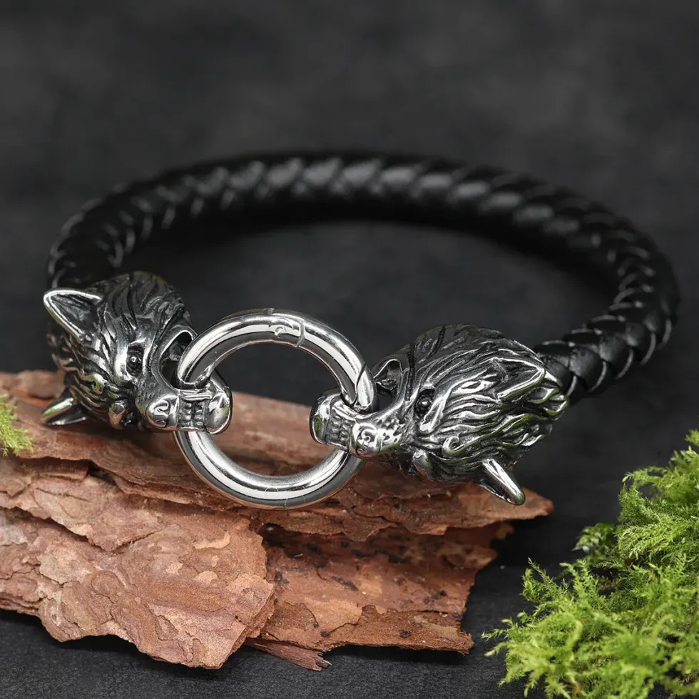Wölfe Armband Leder mit Edelstahl Klick Verschluss