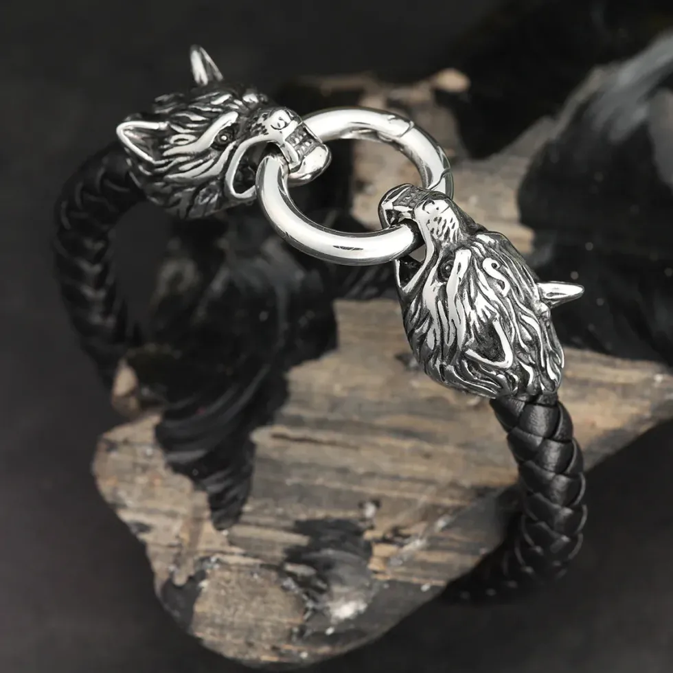 Wölfe Armband Leder mit Edelstahl Klick Verschluss