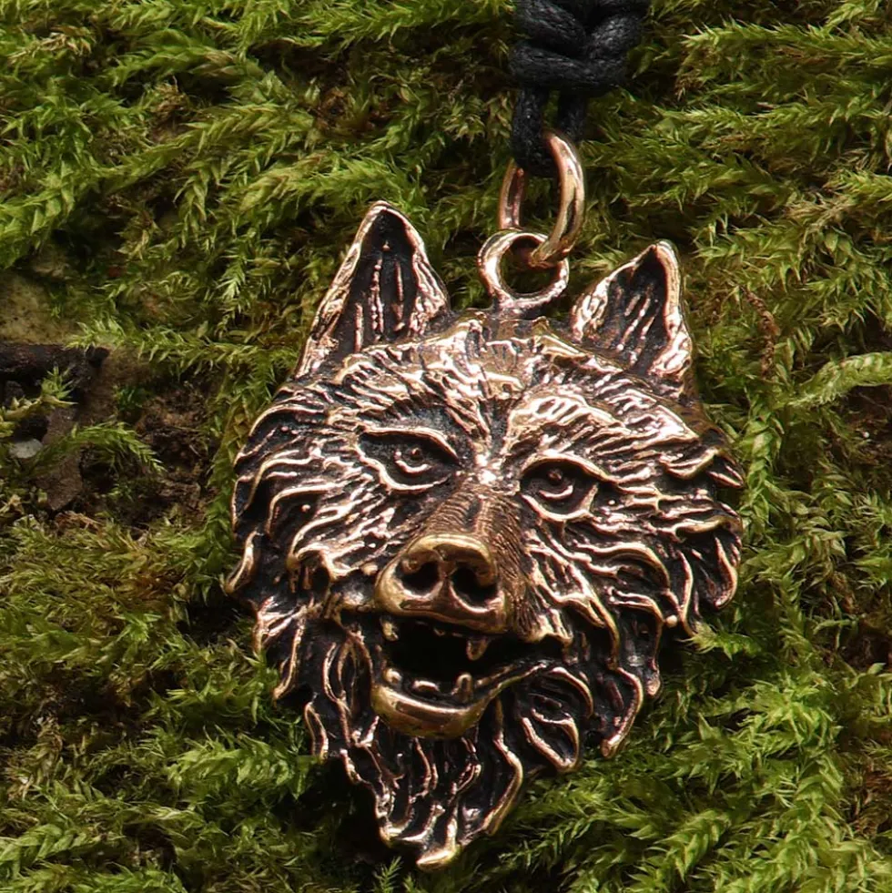 Wolf Kette Anhänger Schmuck Bronze Wolfskopf