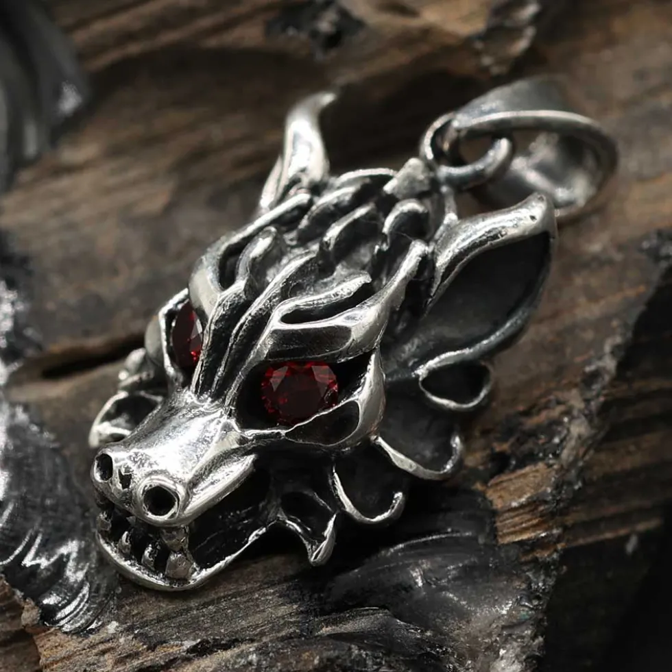 Wolf Schmuck Anhänger 925 Silber Wolfskopf rote Augen Zirkonia