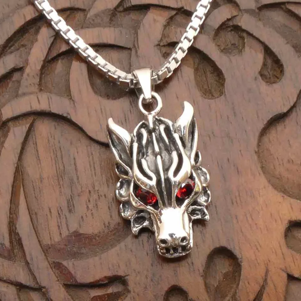 Wolf Schmuck Anhänger 925 Silber Wolfskopf rote Augen Zirkonia